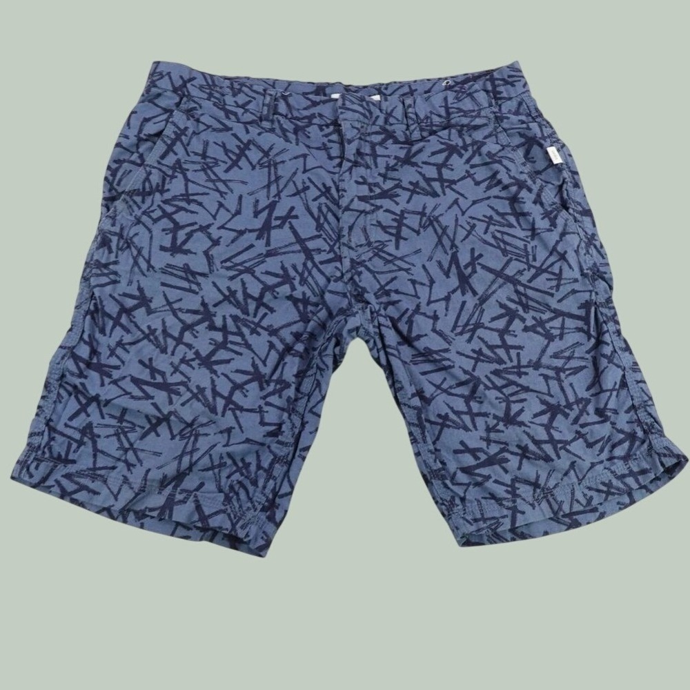 Onia Mens Blue Abstract Graphic Linen Cotton Blend Casual Shorts Size 34